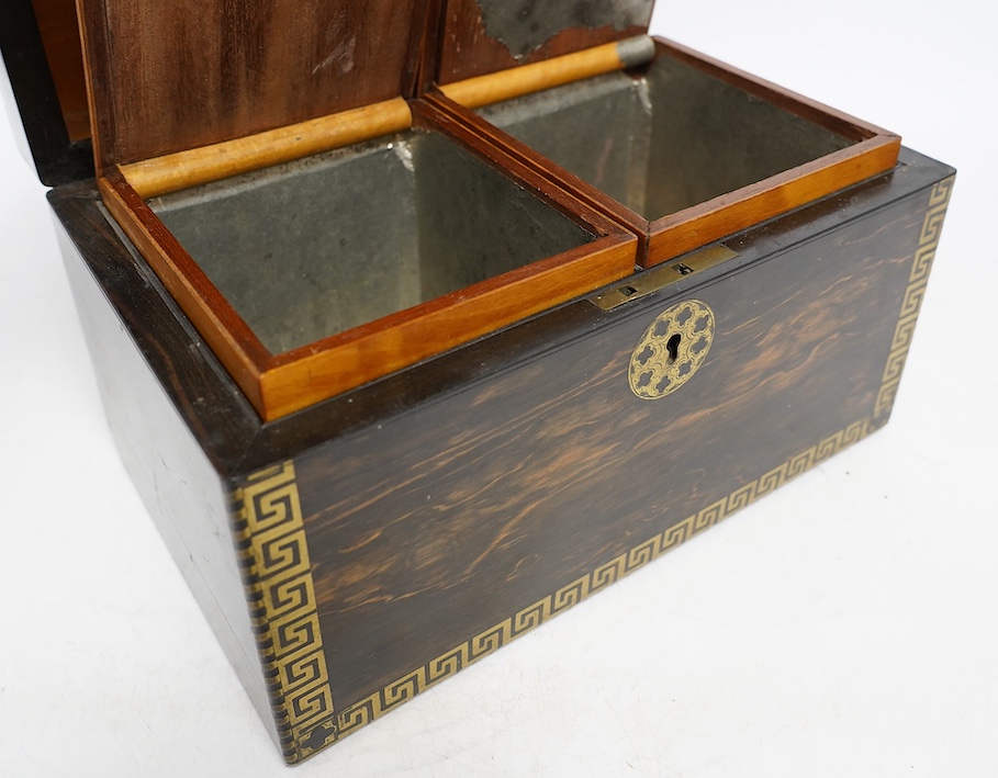 An early 19th century brass inlaid coromandel tea caddy with birch lining, 25cm wide. Condition - fair